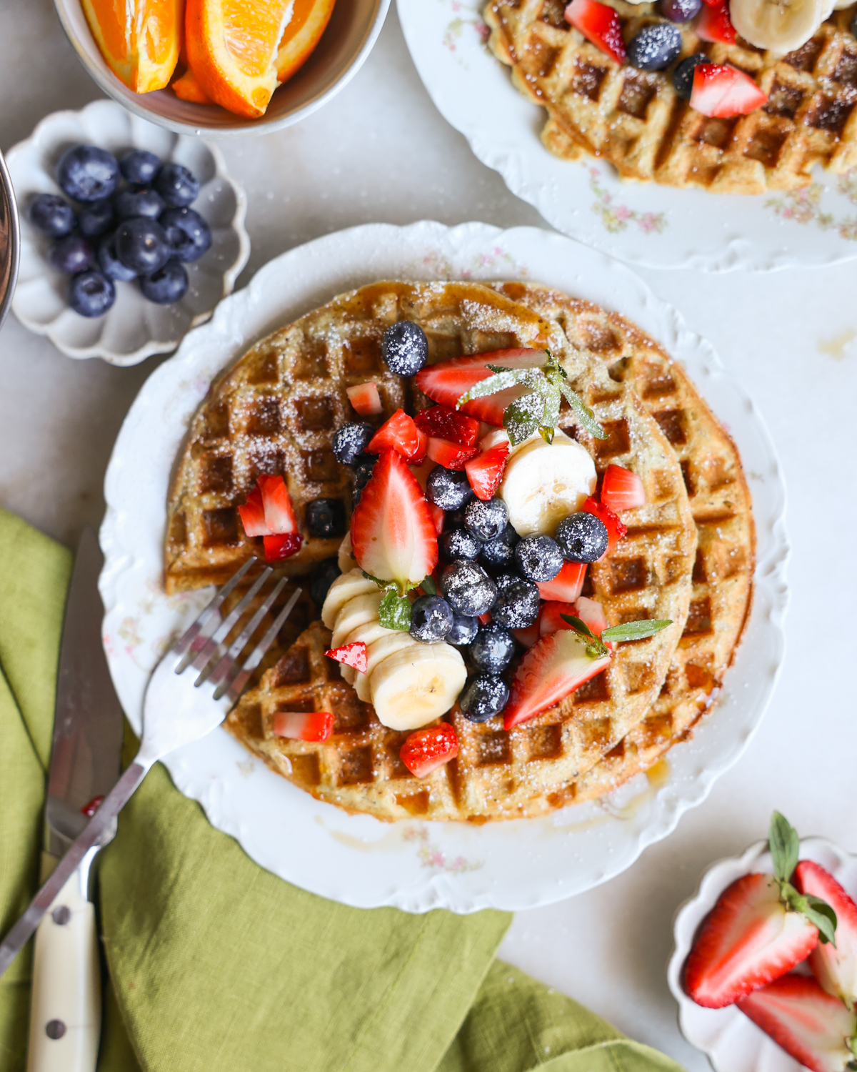 overhead vegan waffles with toppings