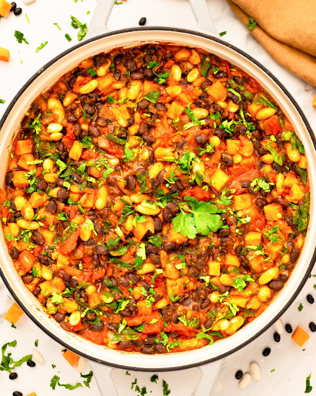 overhead sweet potato black bean chili in pot