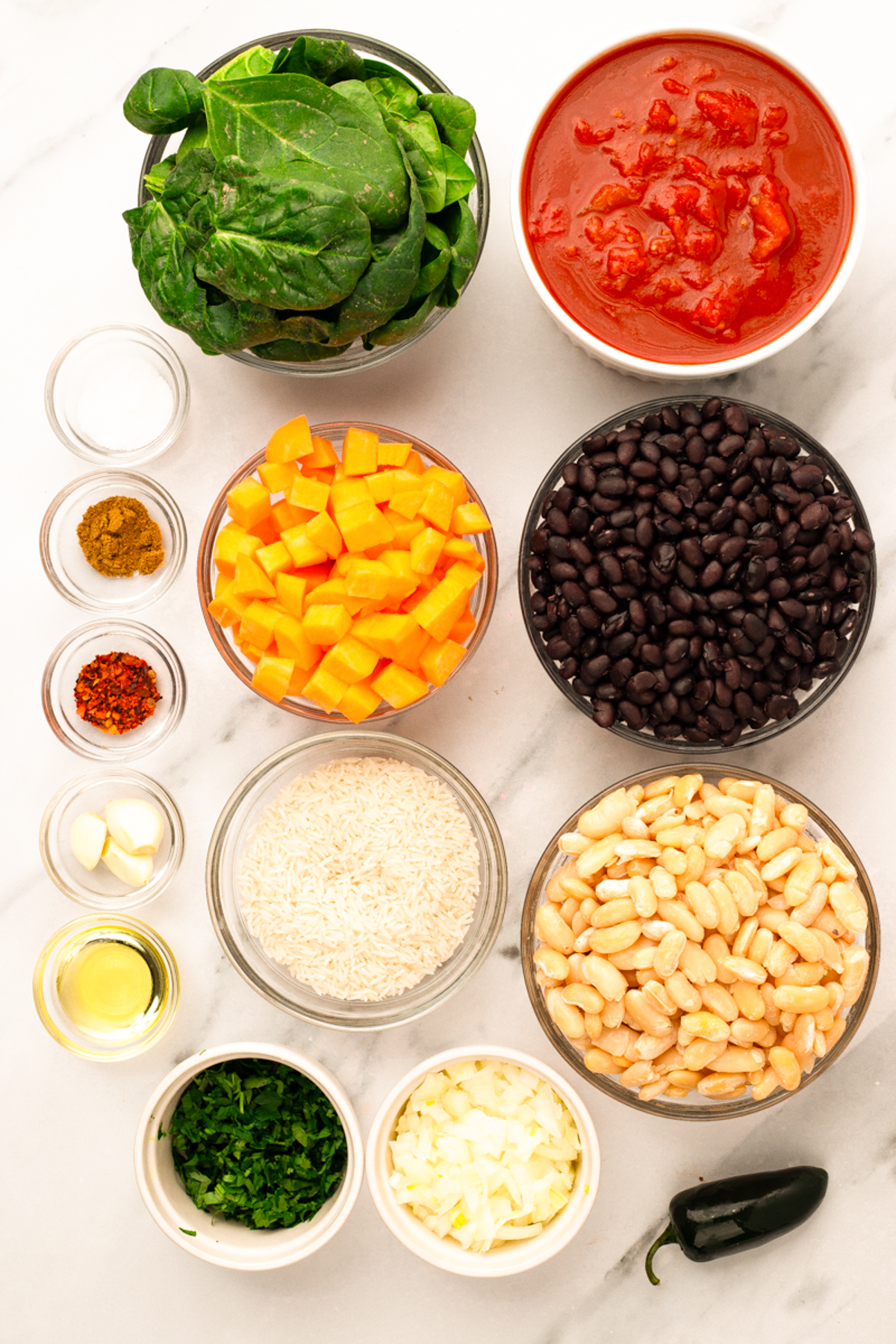 overhead of sweet potato chili ingredients