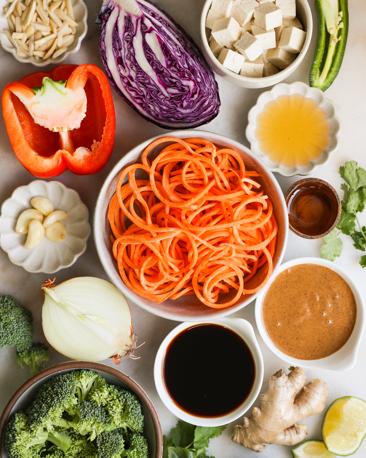 sweet potato noodles ingredients on counter