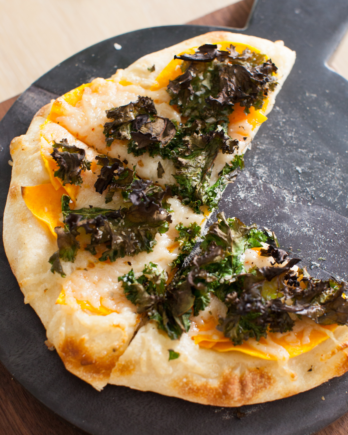 butternut squash sourdough pizza with kale topping