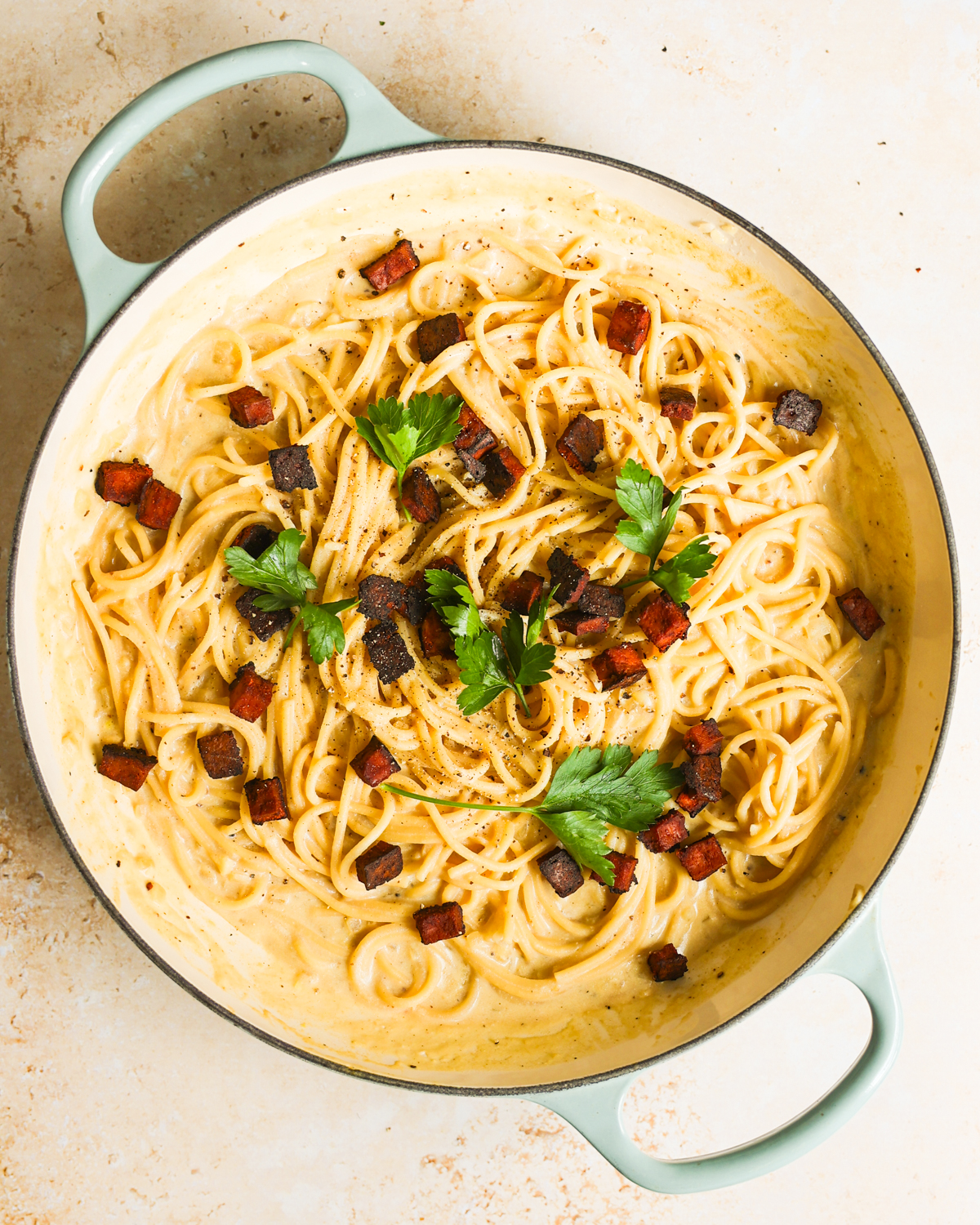 overhead Vegan Carbonara in pan