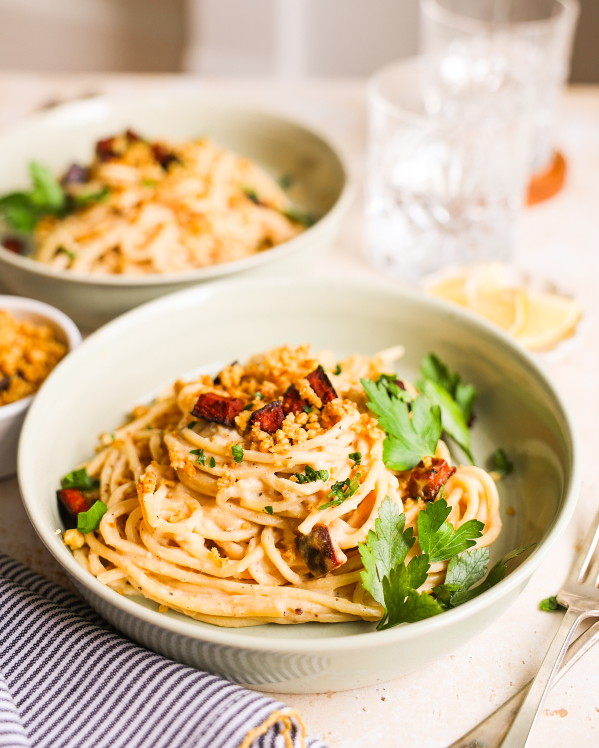 plated Vegan Pasta Carbonara