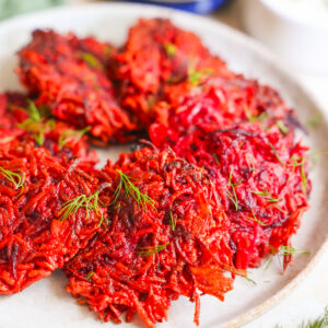 plate of Beet and Sweet Potato Fritters