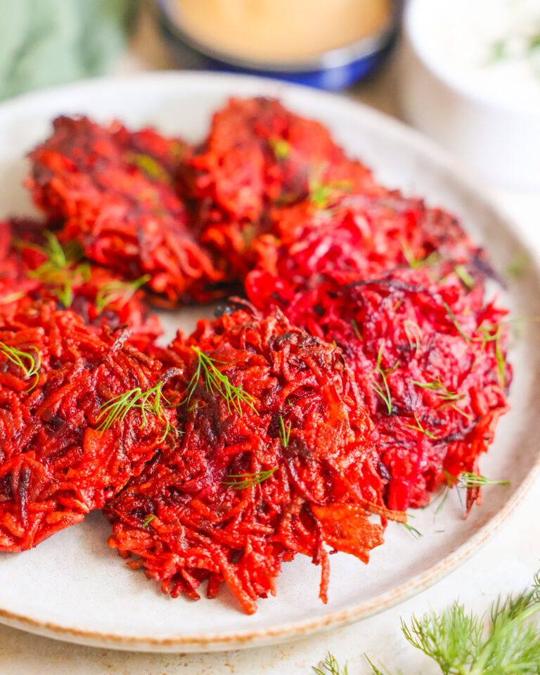 plate of Beet and Sweet Potato Fritters
