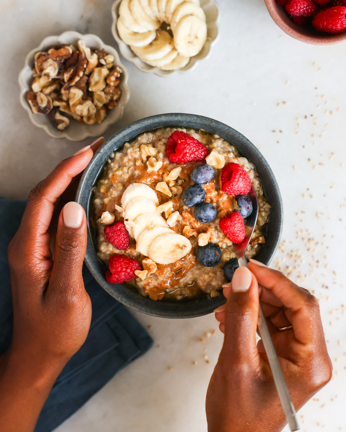 overhead of steel cut oats with spoon