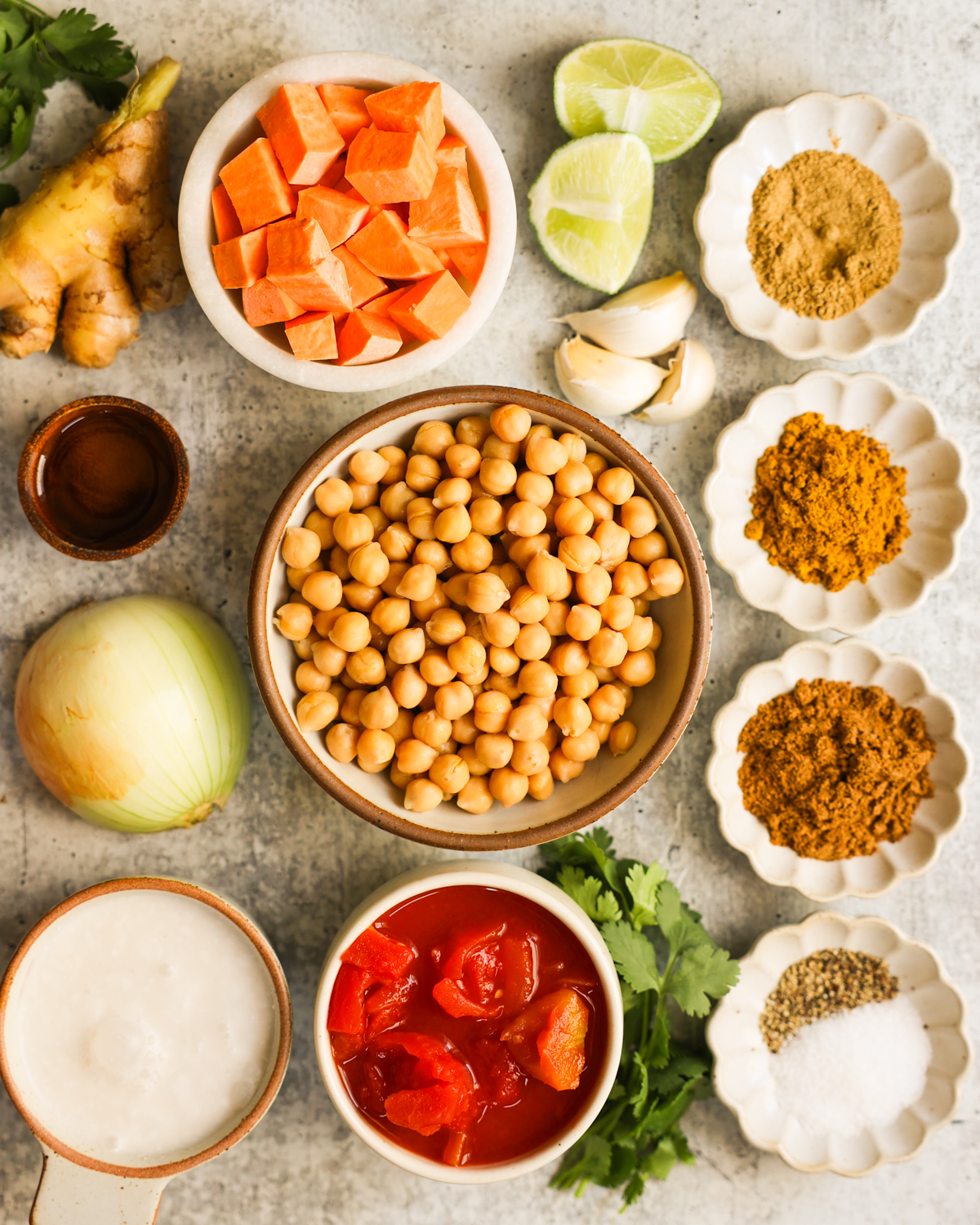 overhead of sweet potato chickpea curry ingredients