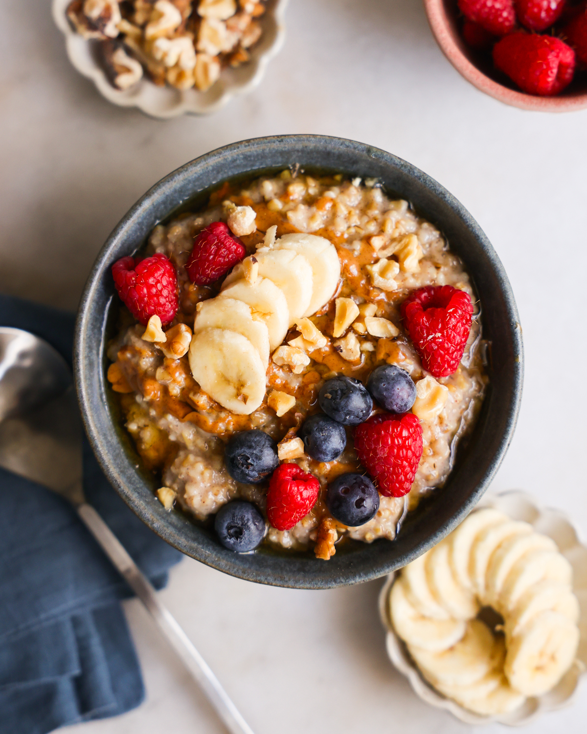 overhead steel cut oats with fruit topping