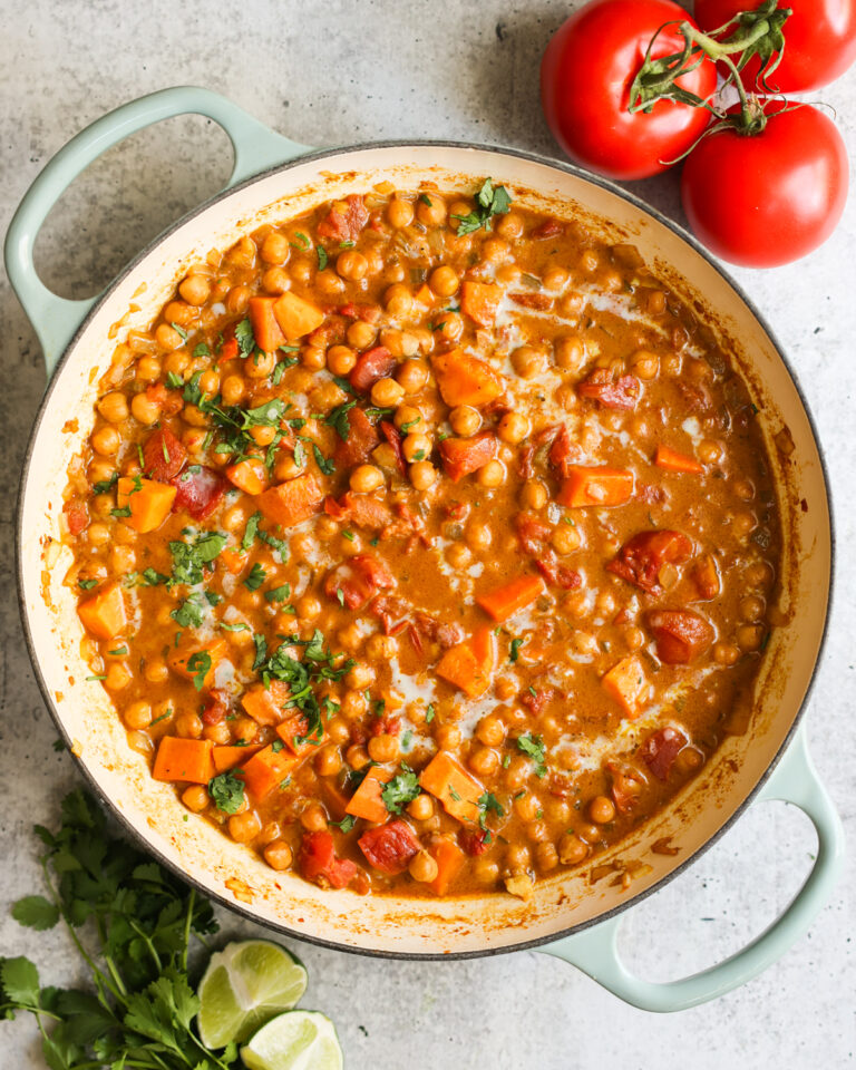 overhead chickpea curry in pan