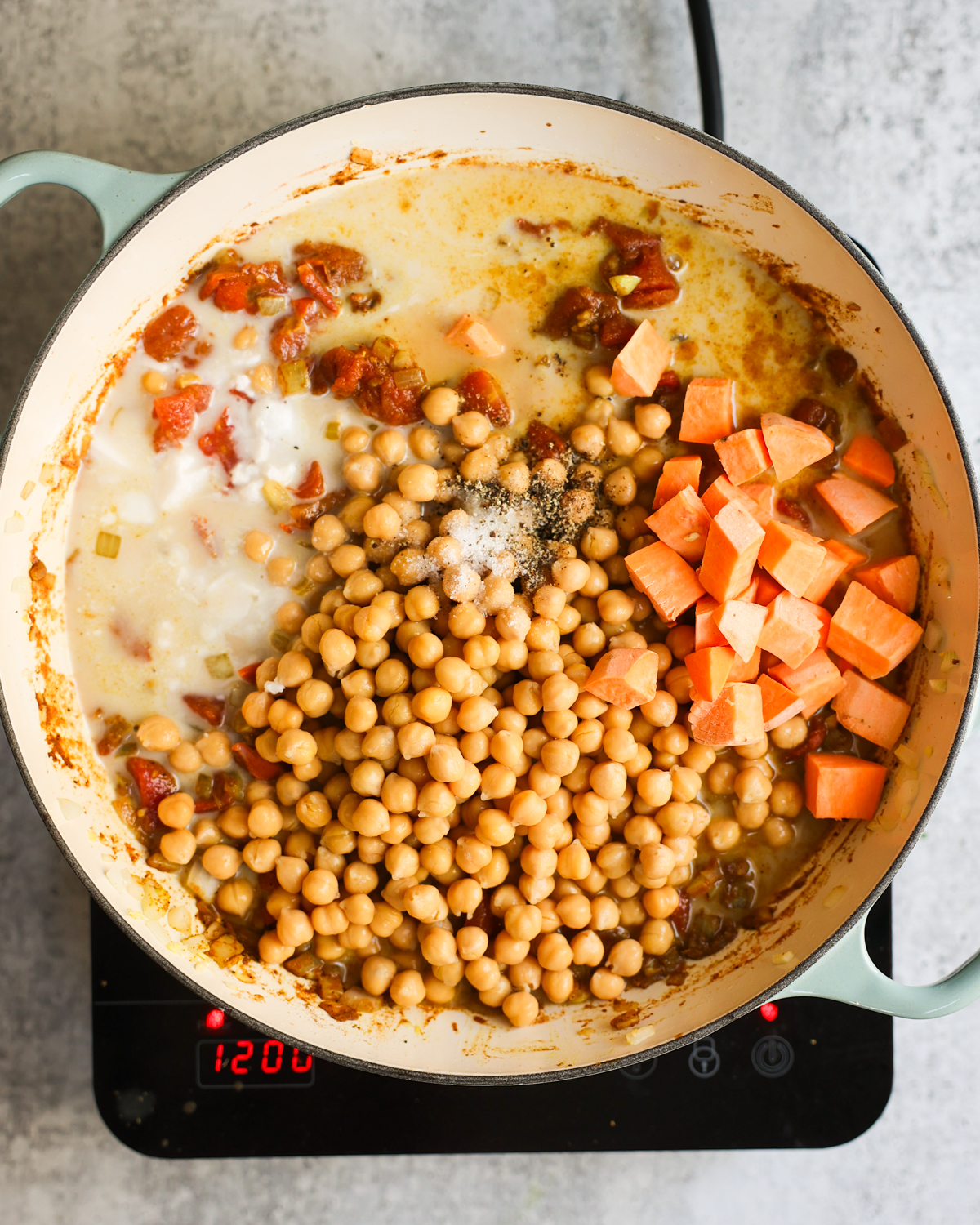 overhead curry ingredients in pan