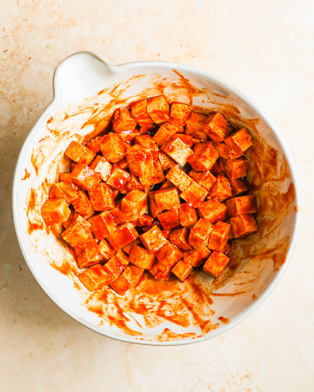 overhead marinated smoky tofu on bowl