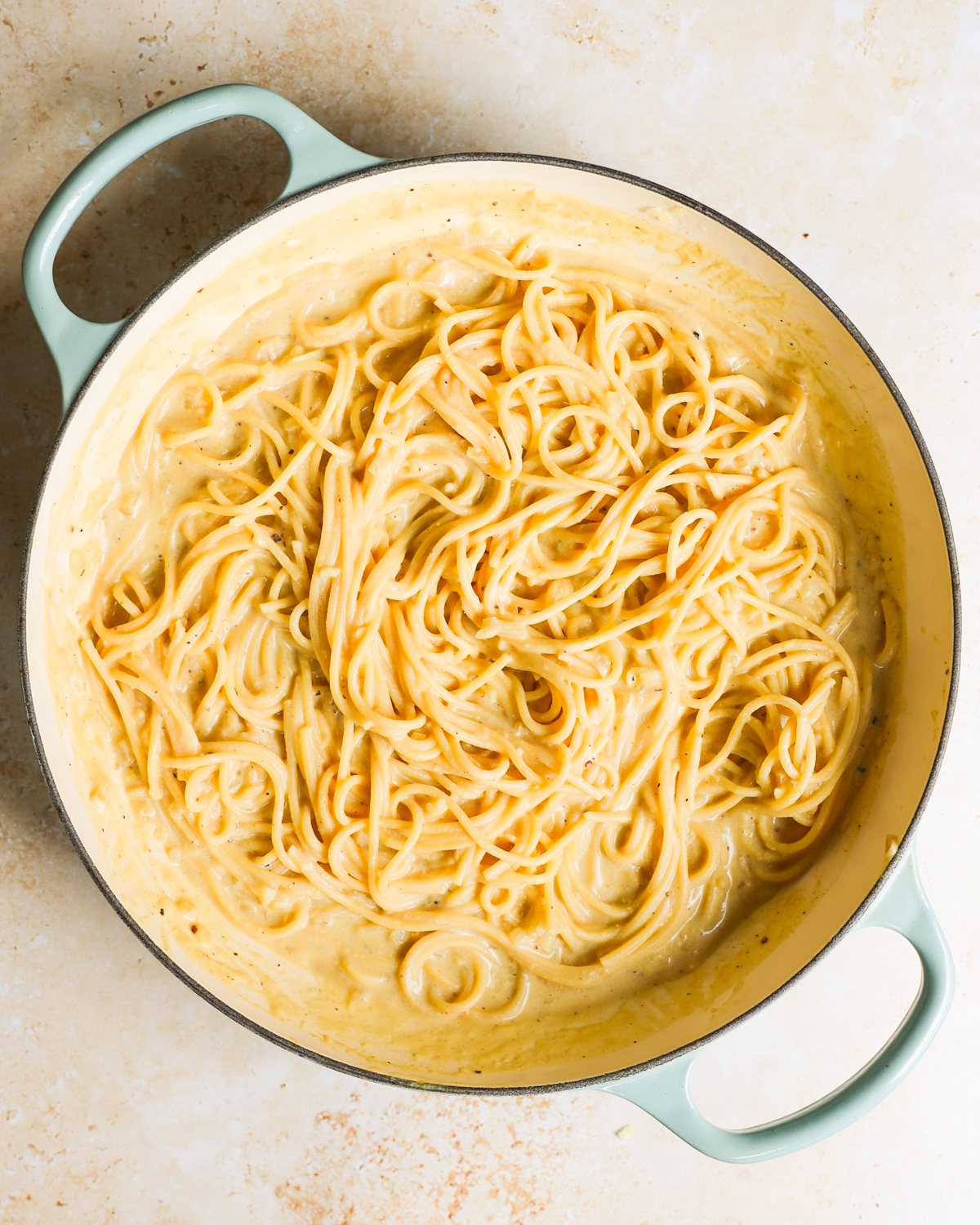 overhead pasta in carbonara sauce