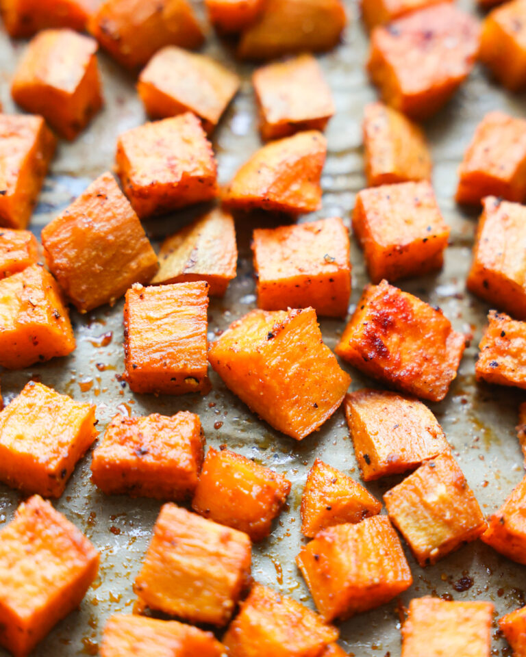 roasted sweet potatoes on parchment