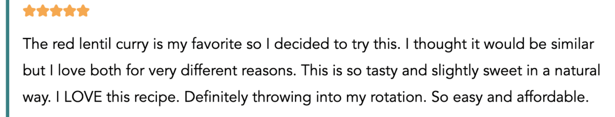 Reader review for chickpea curry.