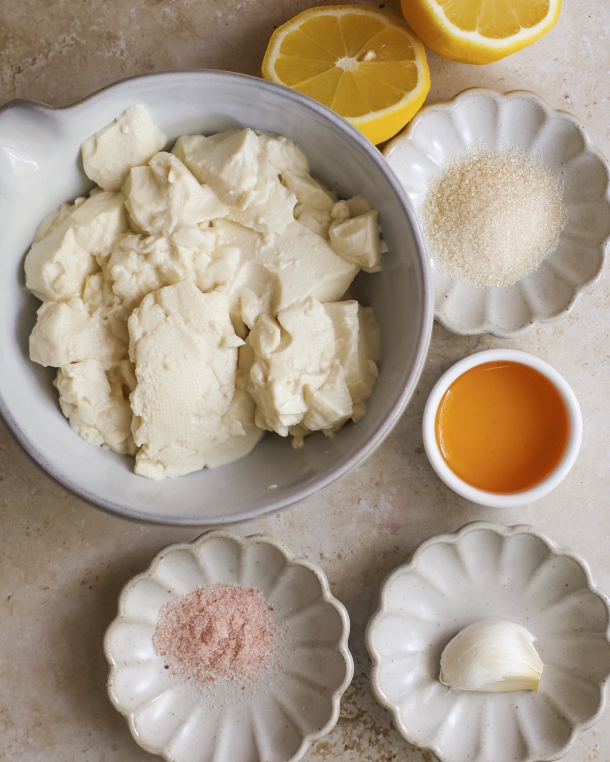 overhead of ingredients for silken tofu sour cream