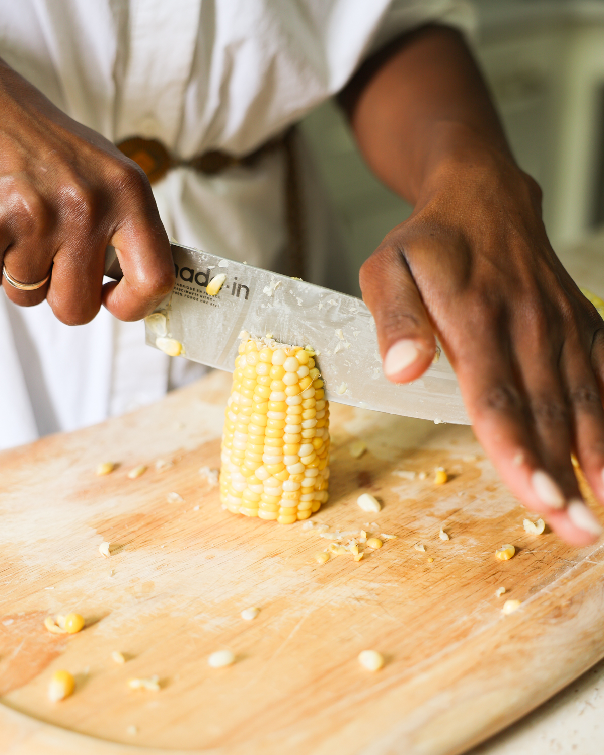 cutting corn in half