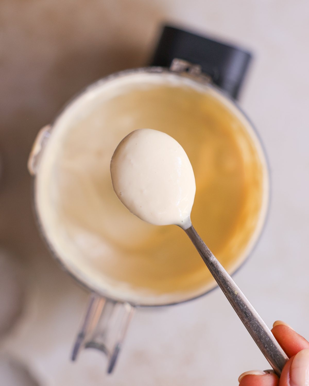 overhead of a spoonful of vegan sour cream