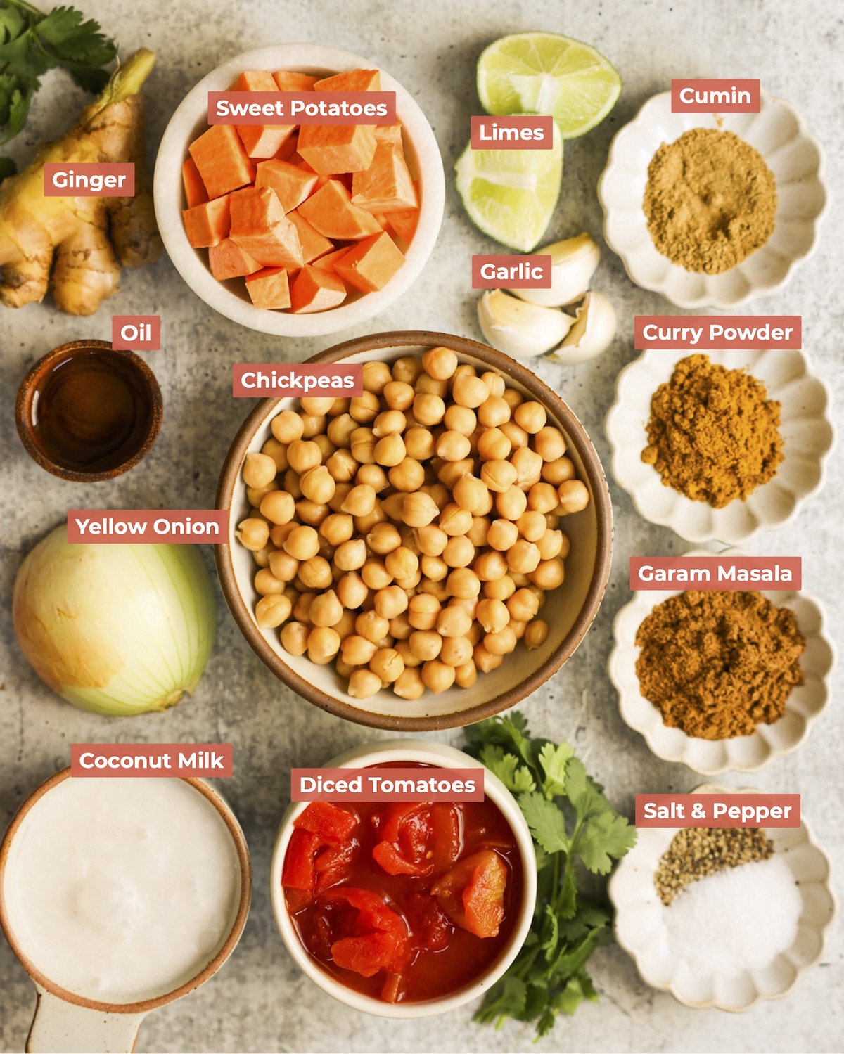 Sweet potato curry ingredients.