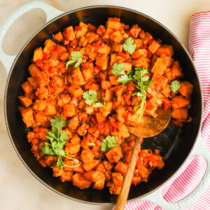 overhead sweet potato hash in pan