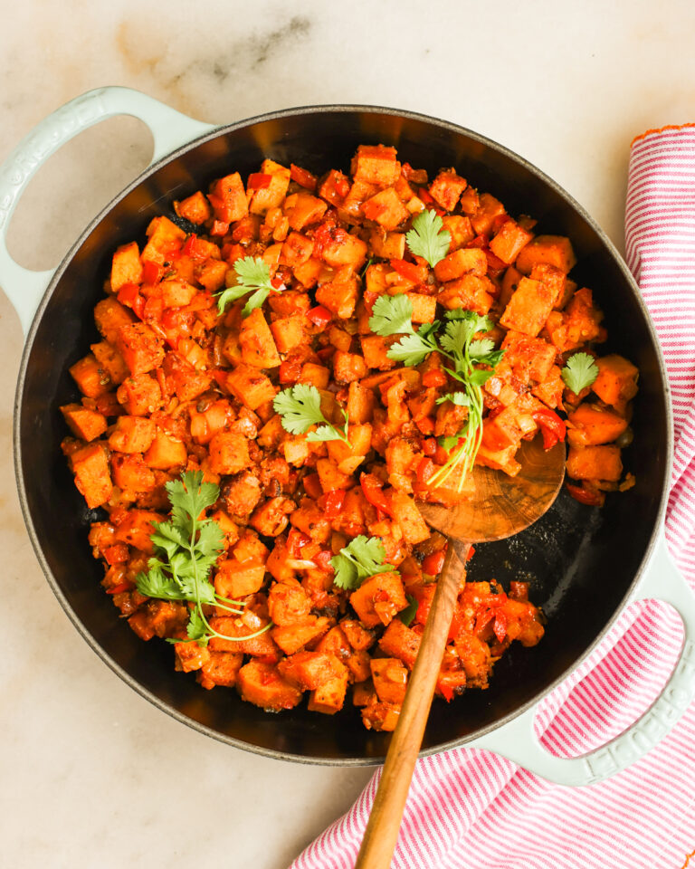 overhead sweet potato hash in pan