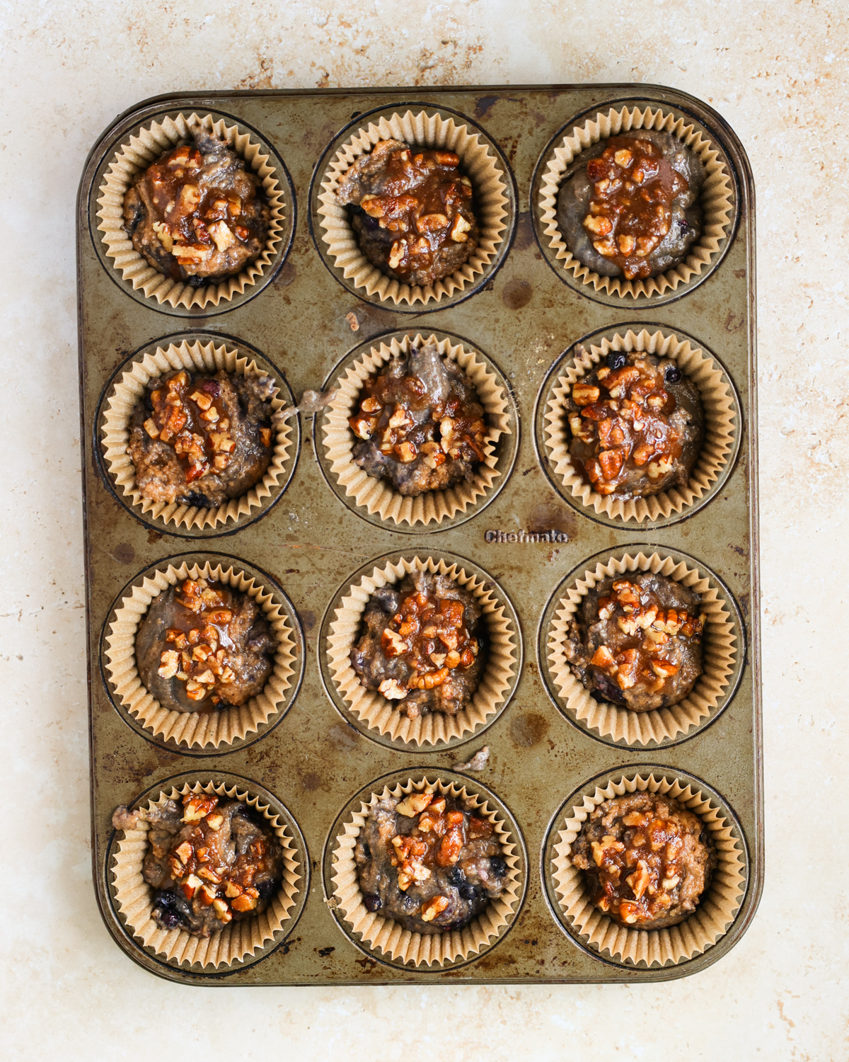 overhead blueberry muffin tins filled