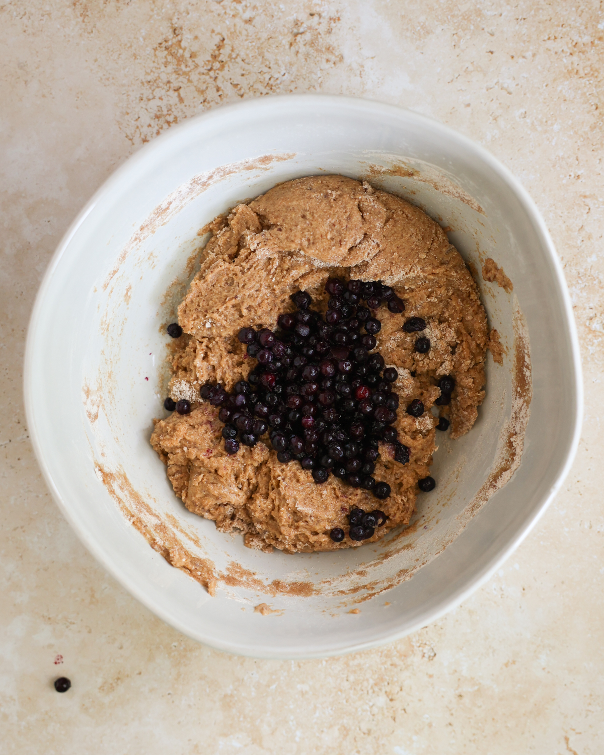 overhead blueberries added to batter