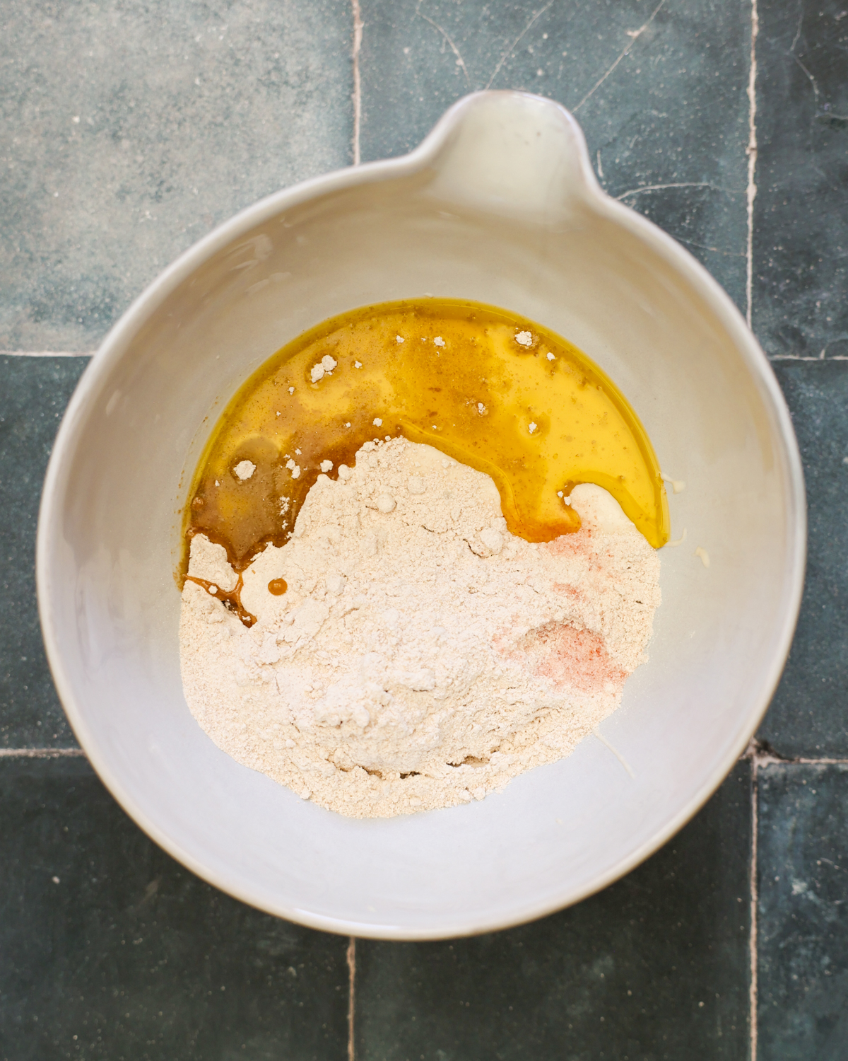 overhead ingredients in mixing bowl