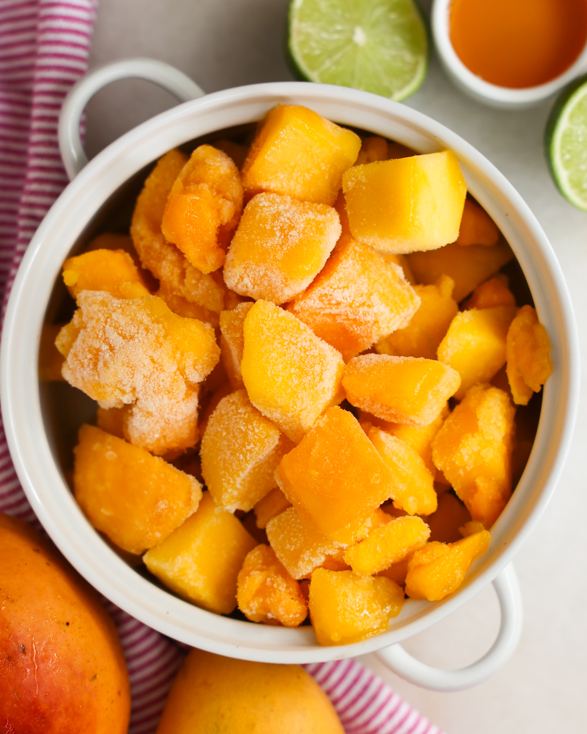 overhead of ingredients for mango sorbet