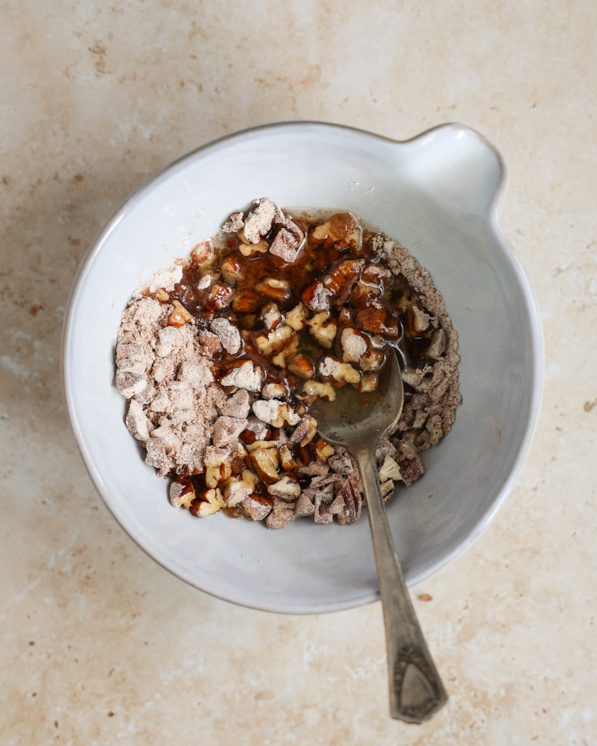 overhead of streusel topping in bowl