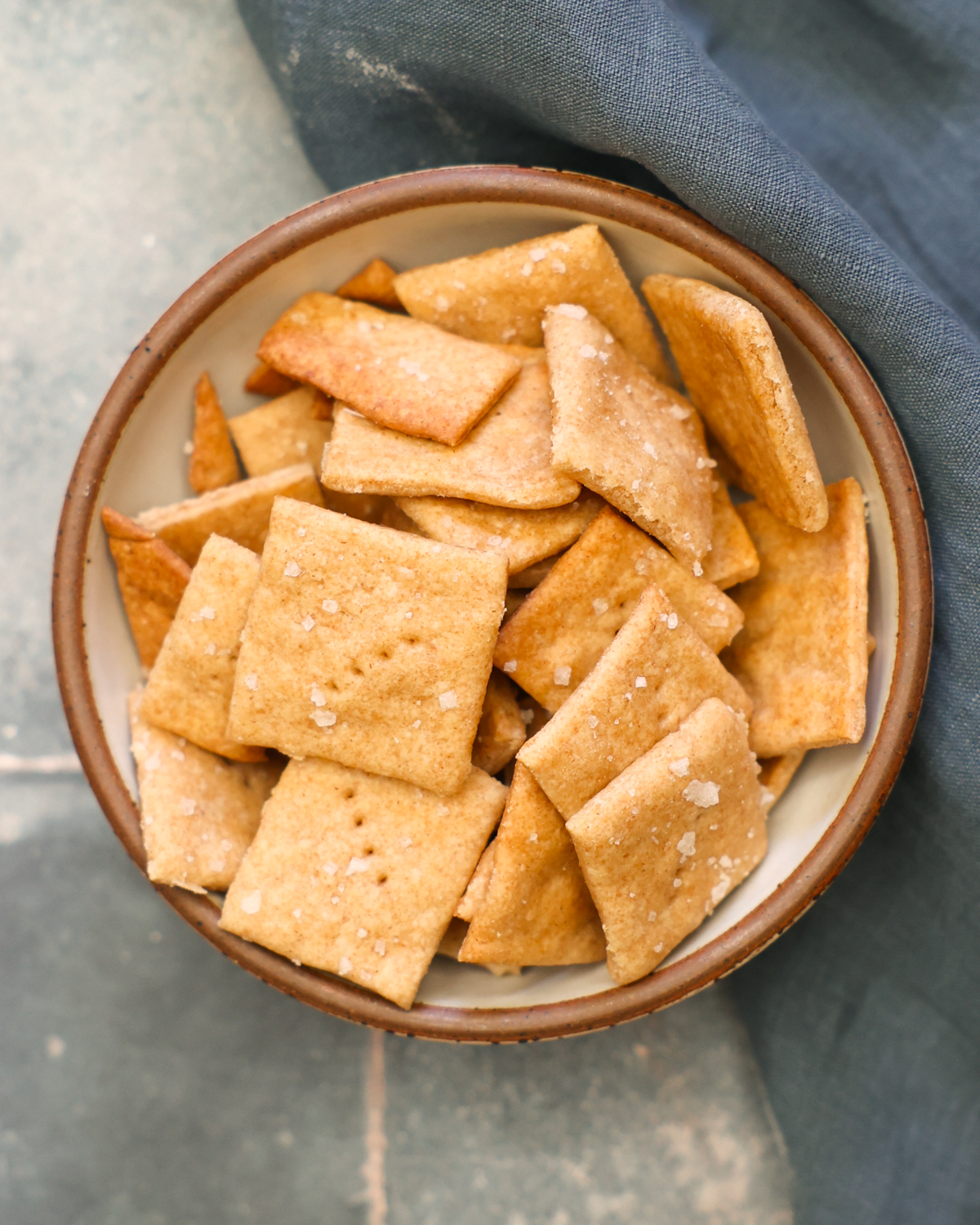 overhead sourdough crackers in bowl