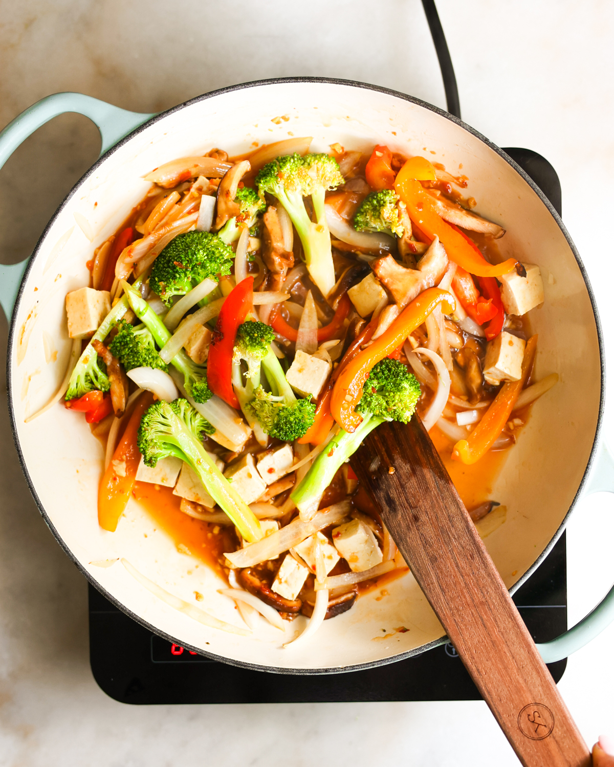 overhead of tofu stir fry cooking