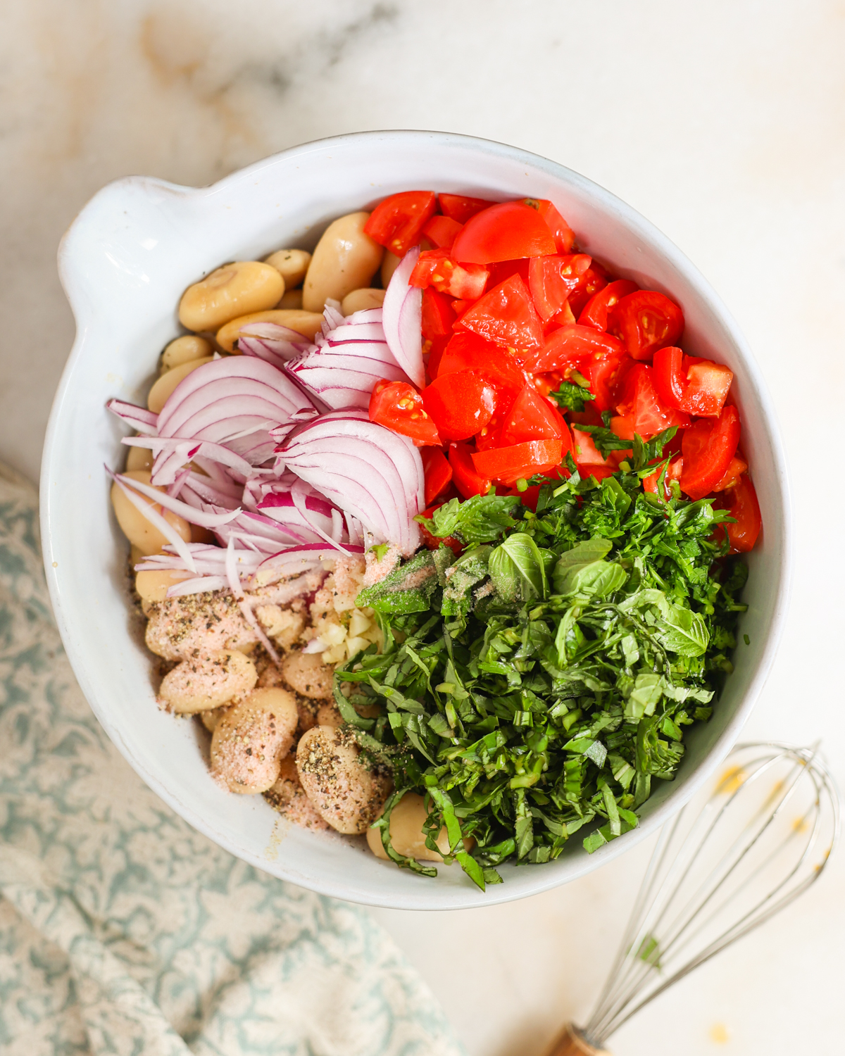 overhead of salad ingredients in bowl