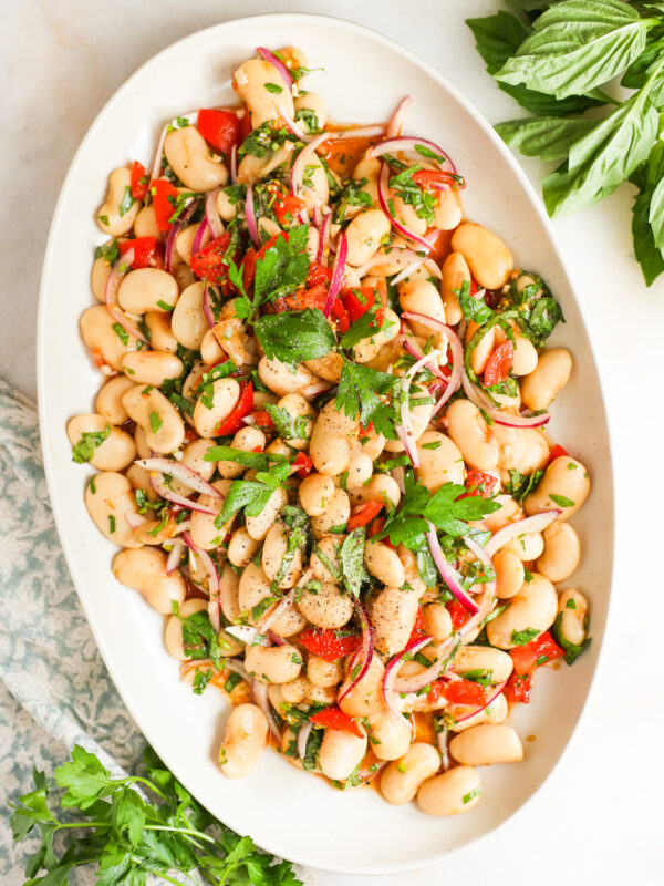 overhead of white bean salad on platter