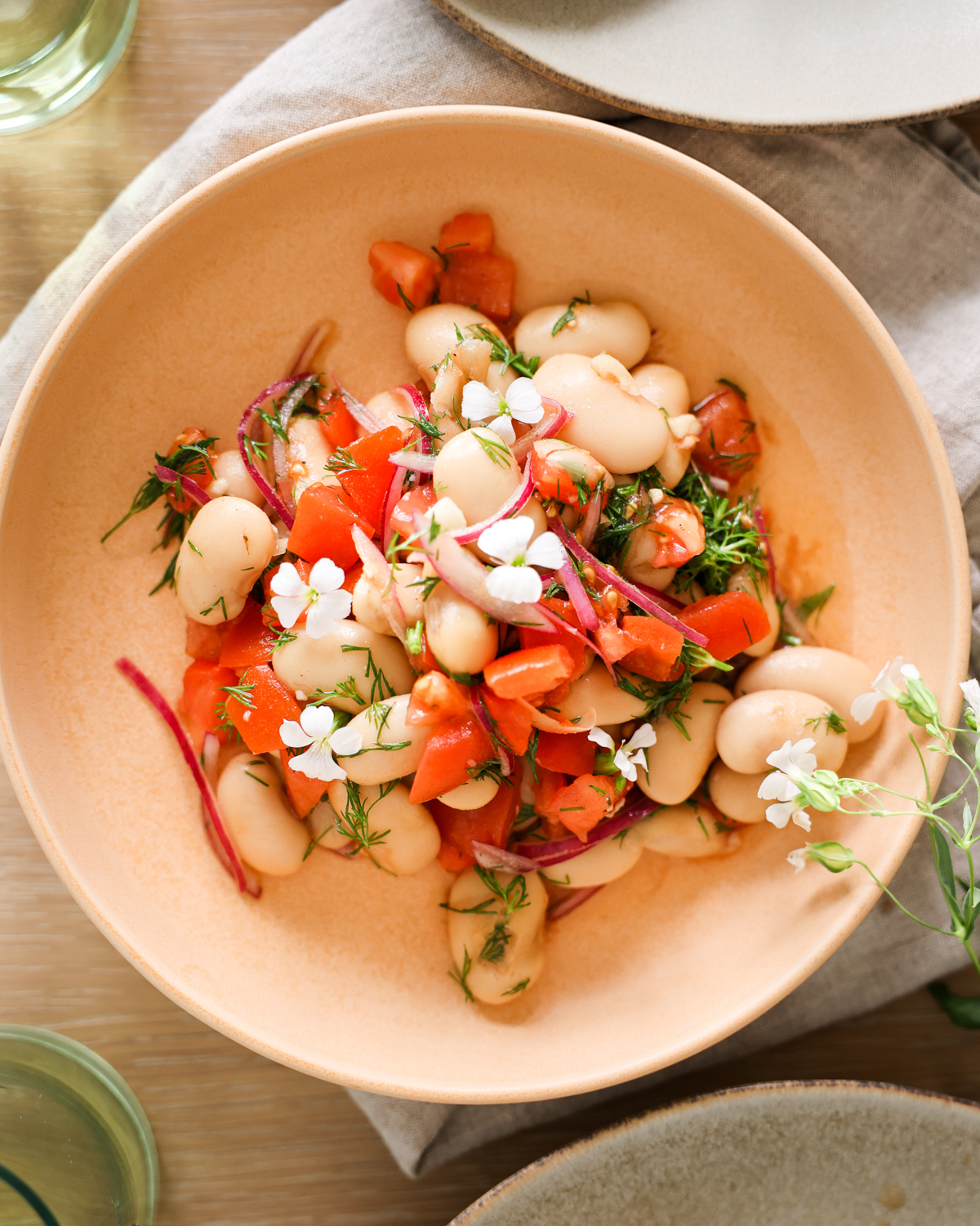 overhead of white bean salad on a plate