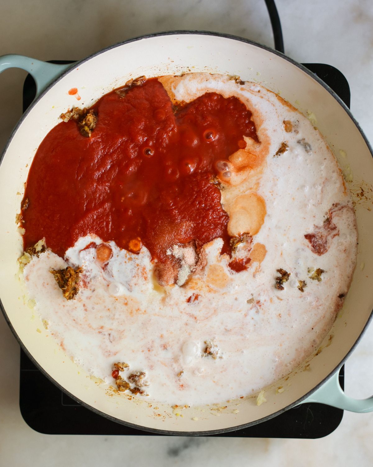 overhead sauce ingredients in pan