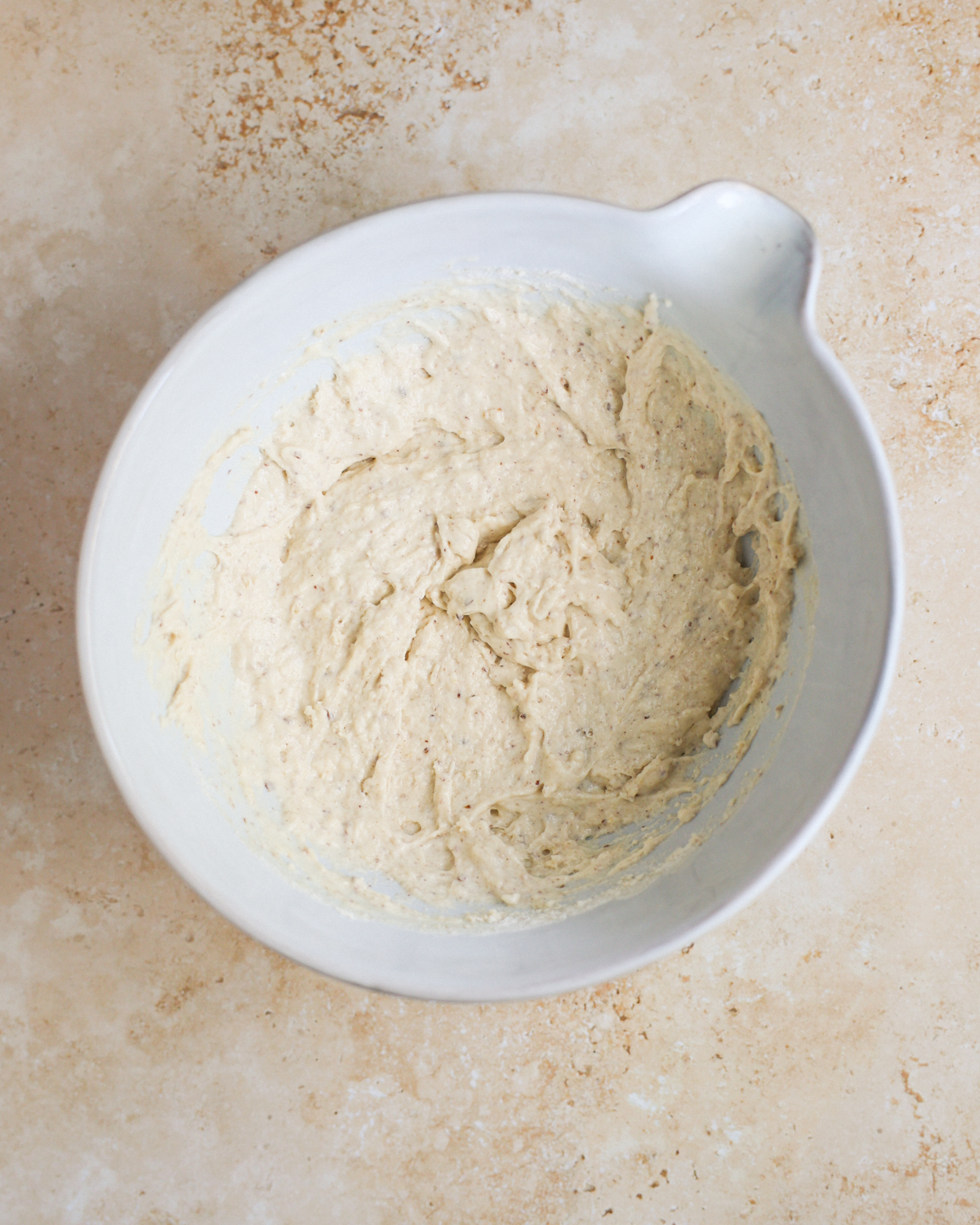 An overhead shot of the sourdough discard pancake batter after mixing.