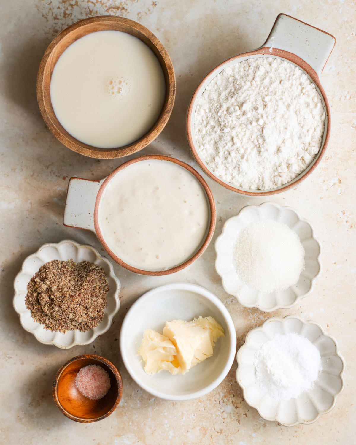 An overhead shot of the ingredients for sourdough discard pancakes on the counter.