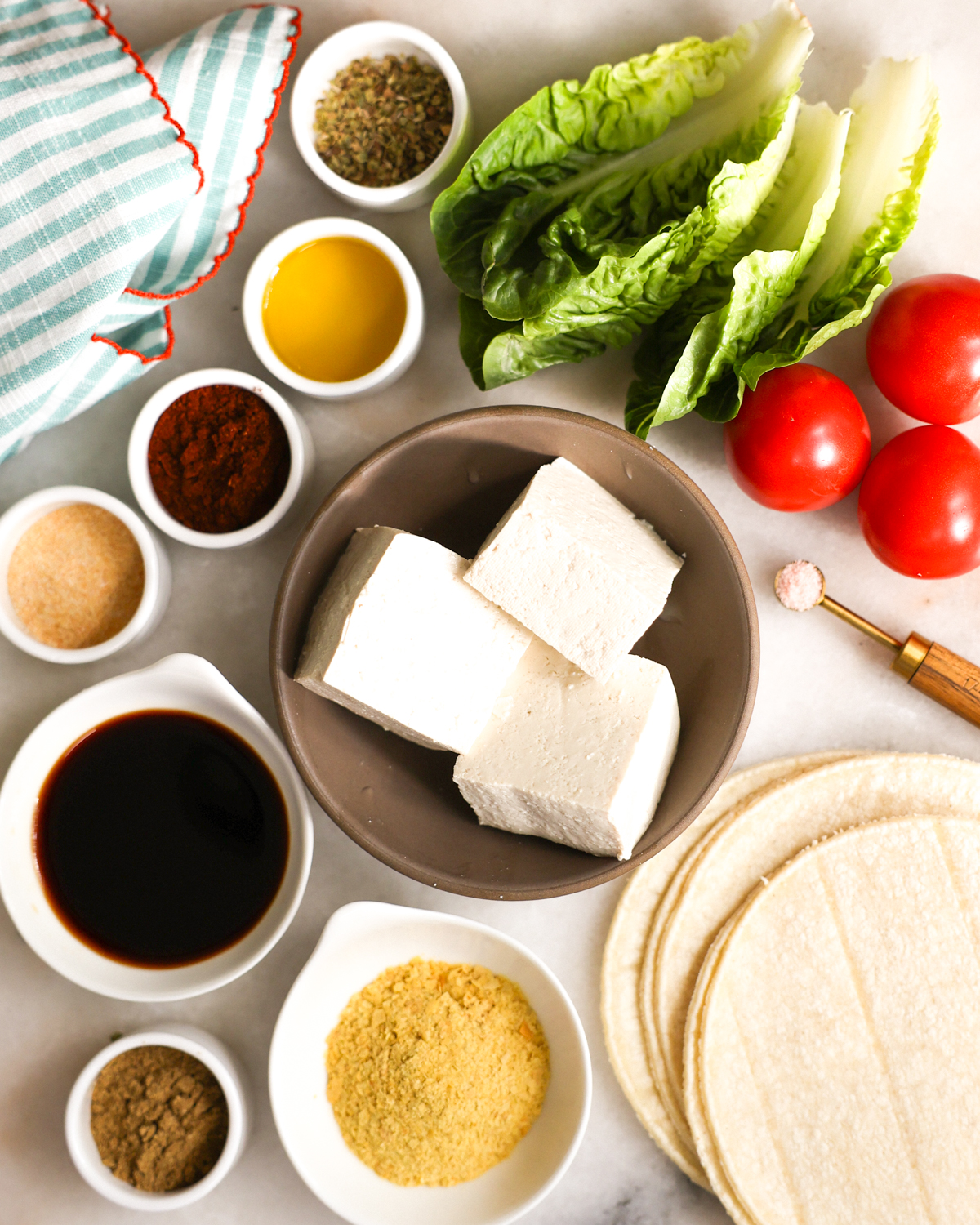 overhead of ingredients for tofu tacos