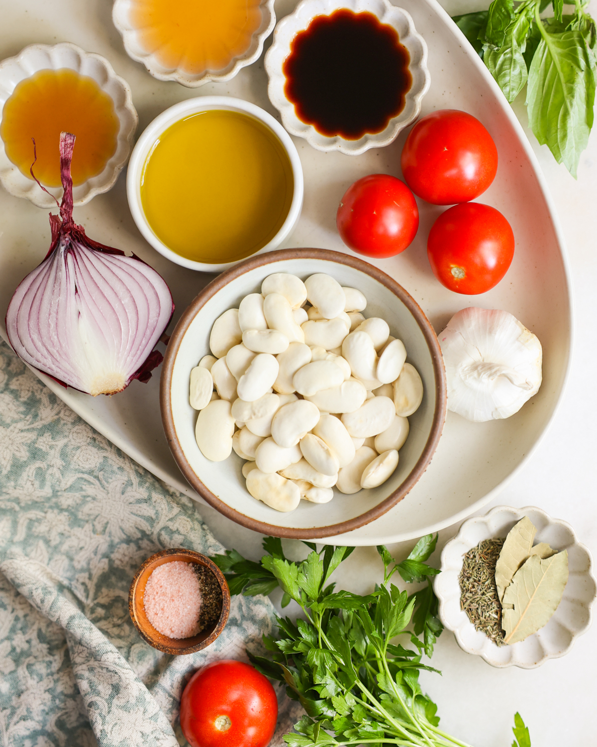 white bean salad ingredients on counter