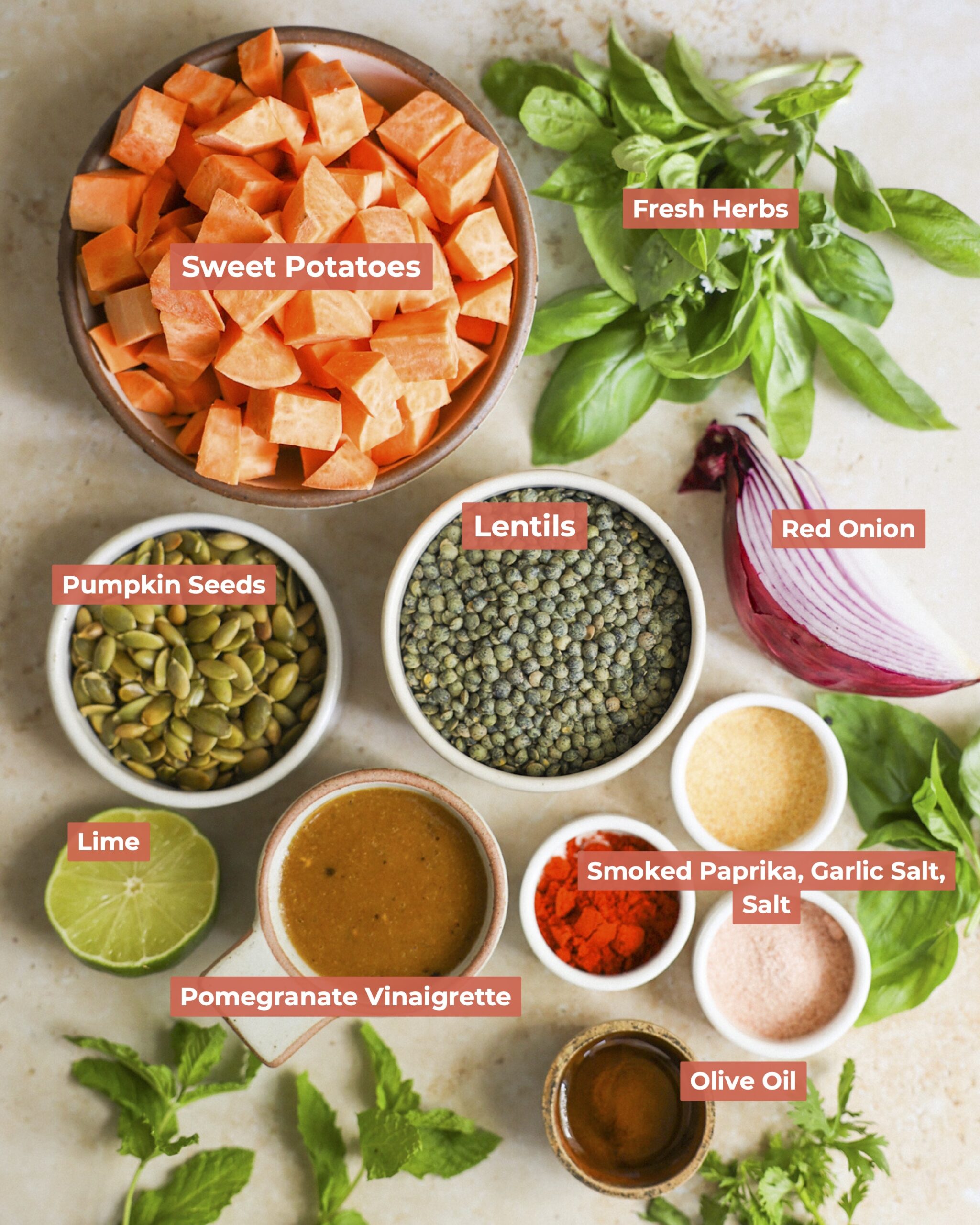Labeled ingredients for sweet potato lentil salad.