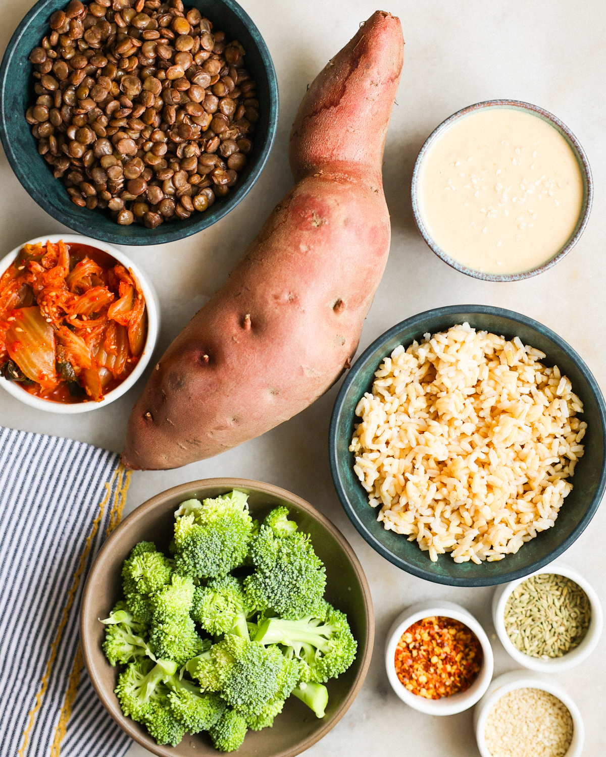 overhead buddha bowl ingredients in counter