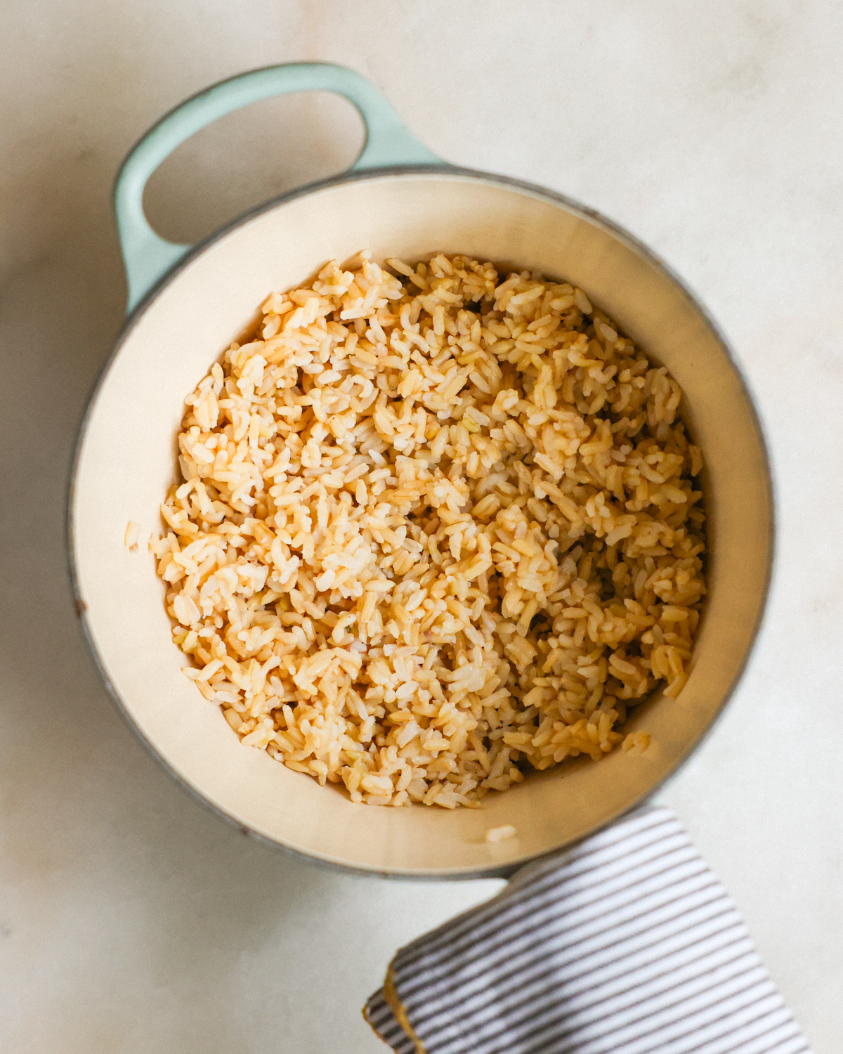 overhead cooked brown rice in pot
