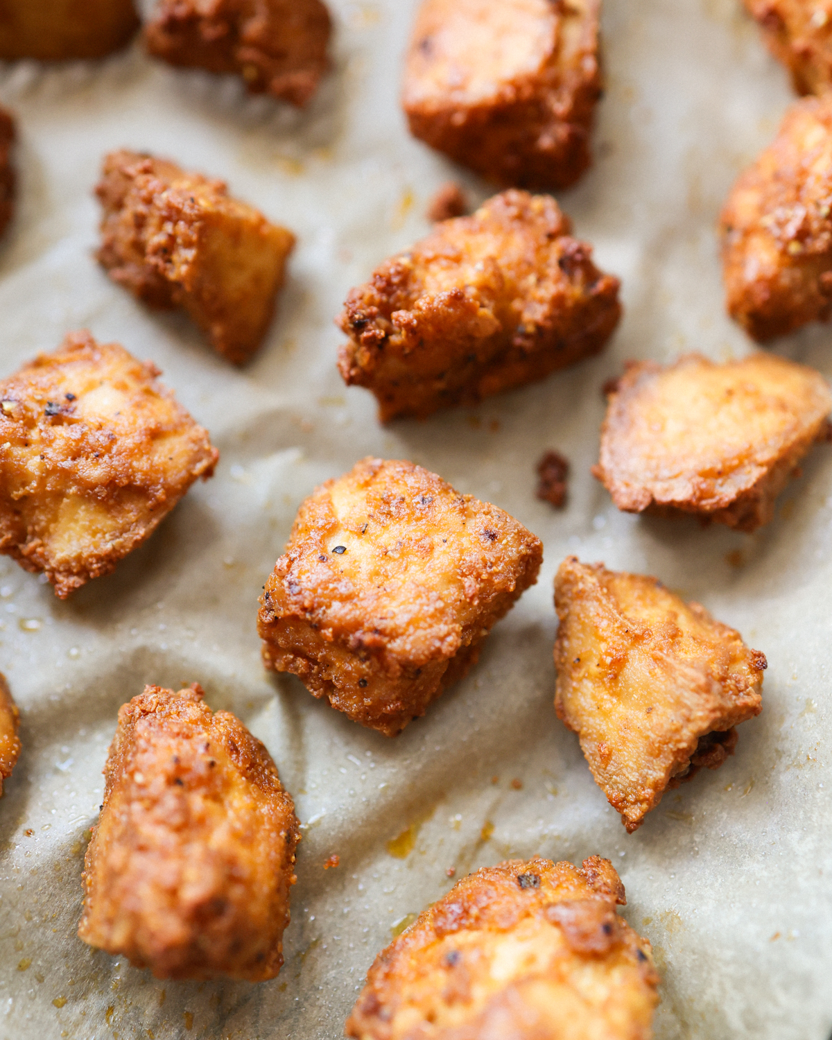 close up baked tofu nuggets