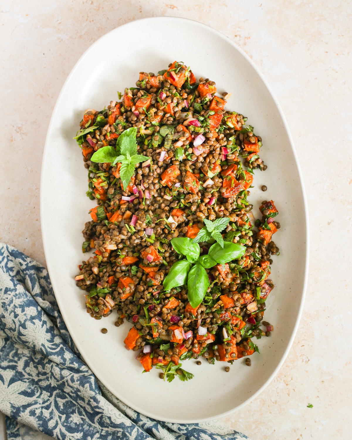 overhead lentil salad on platter