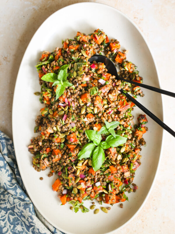 overhead lentil salad on platter