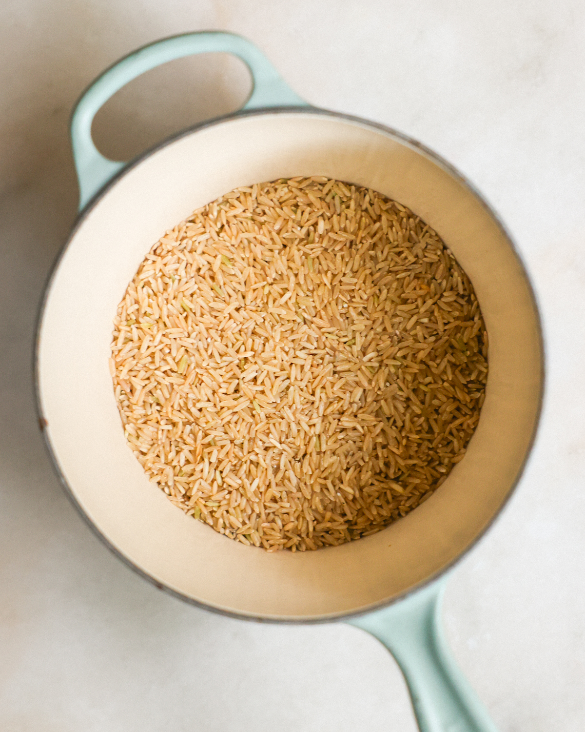 overhead raw brown rice in pot