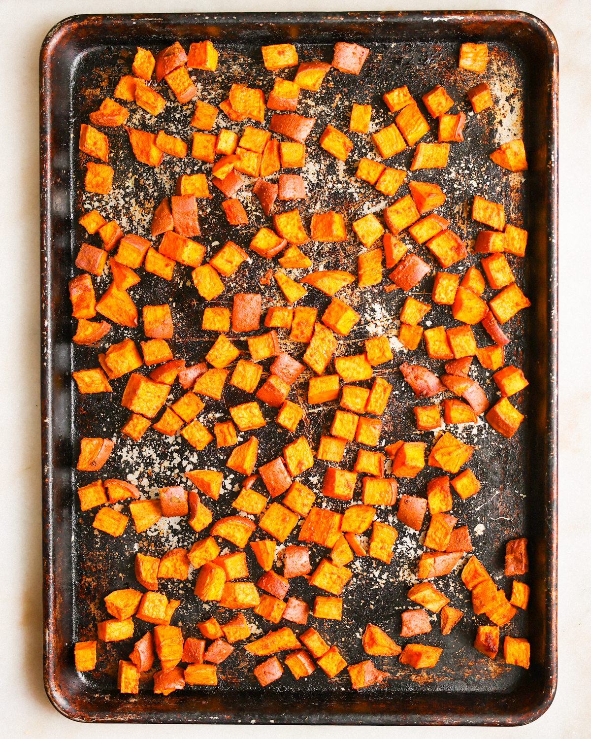 overhead of roasted sweet potatoes