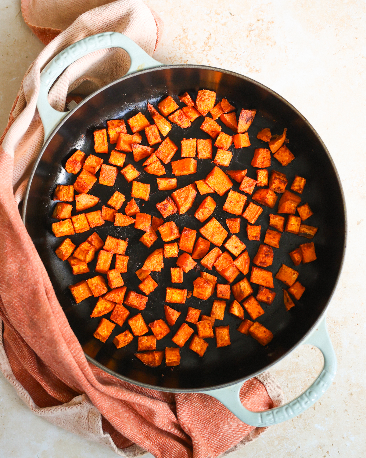 overhead roasted sweet potatoes in a skillet