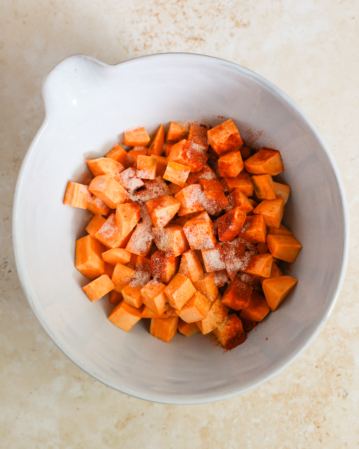 overhead sweet potatoes in bowl