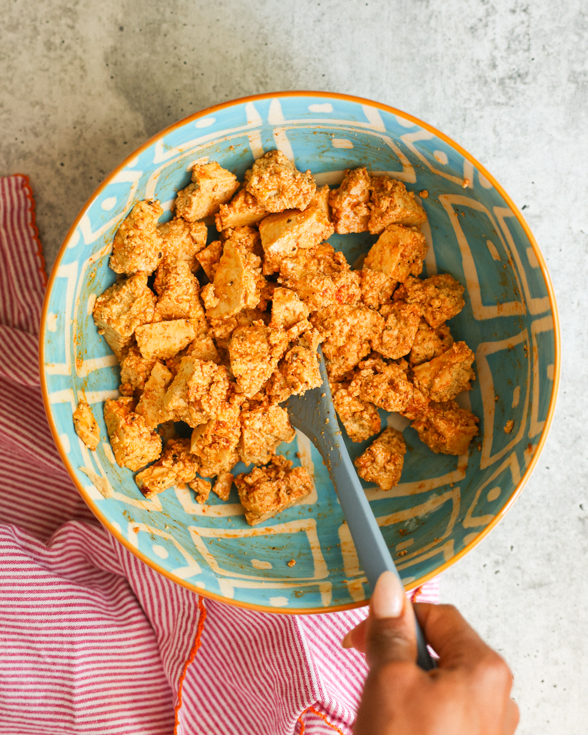 overhead seasoned tofu in bowl